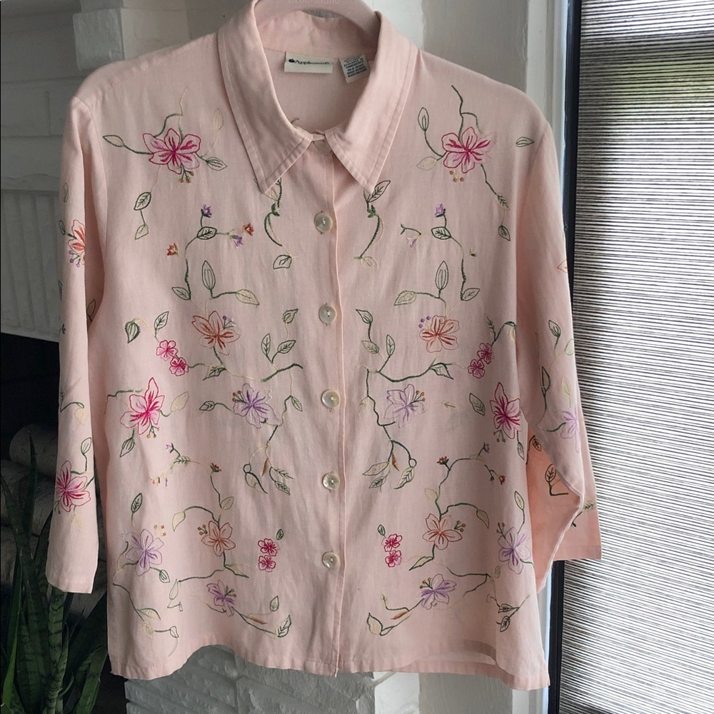 Appleseed’s Linen/Cotton Pink Blouse with all over Floral Embroidery Size 14